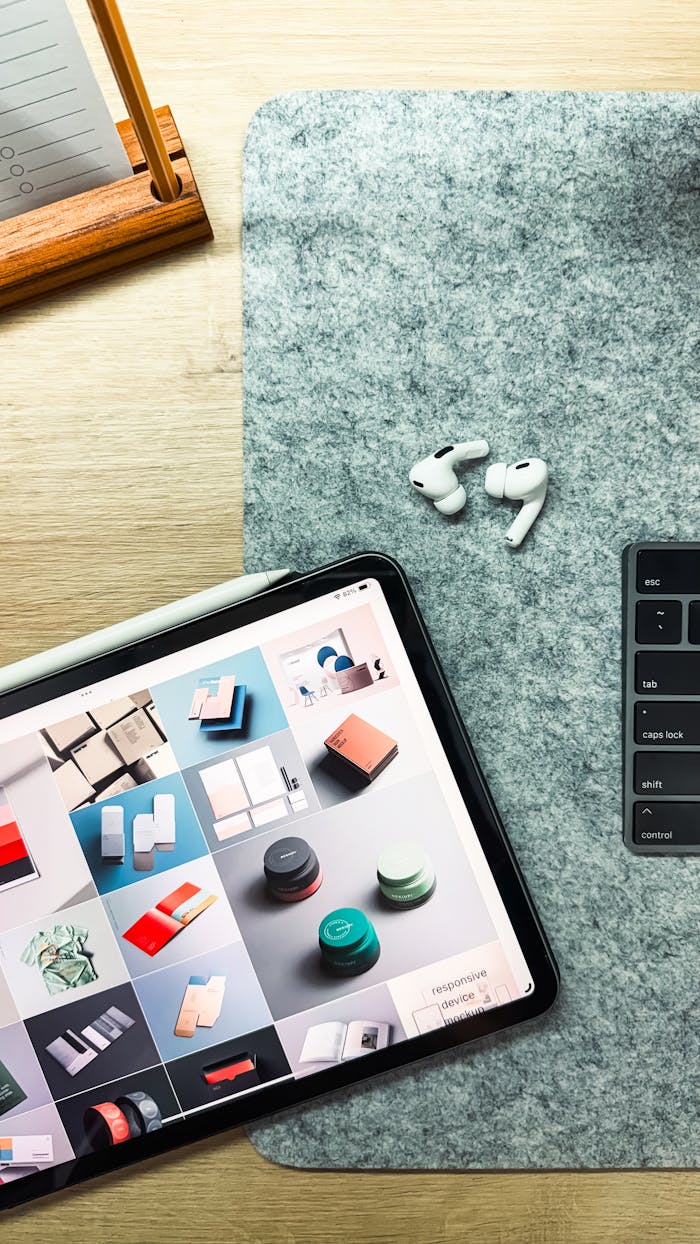 services-01 Flat lay of an iPad, AirPods Pro, and keyboard for a tech-savvy workspace setup.